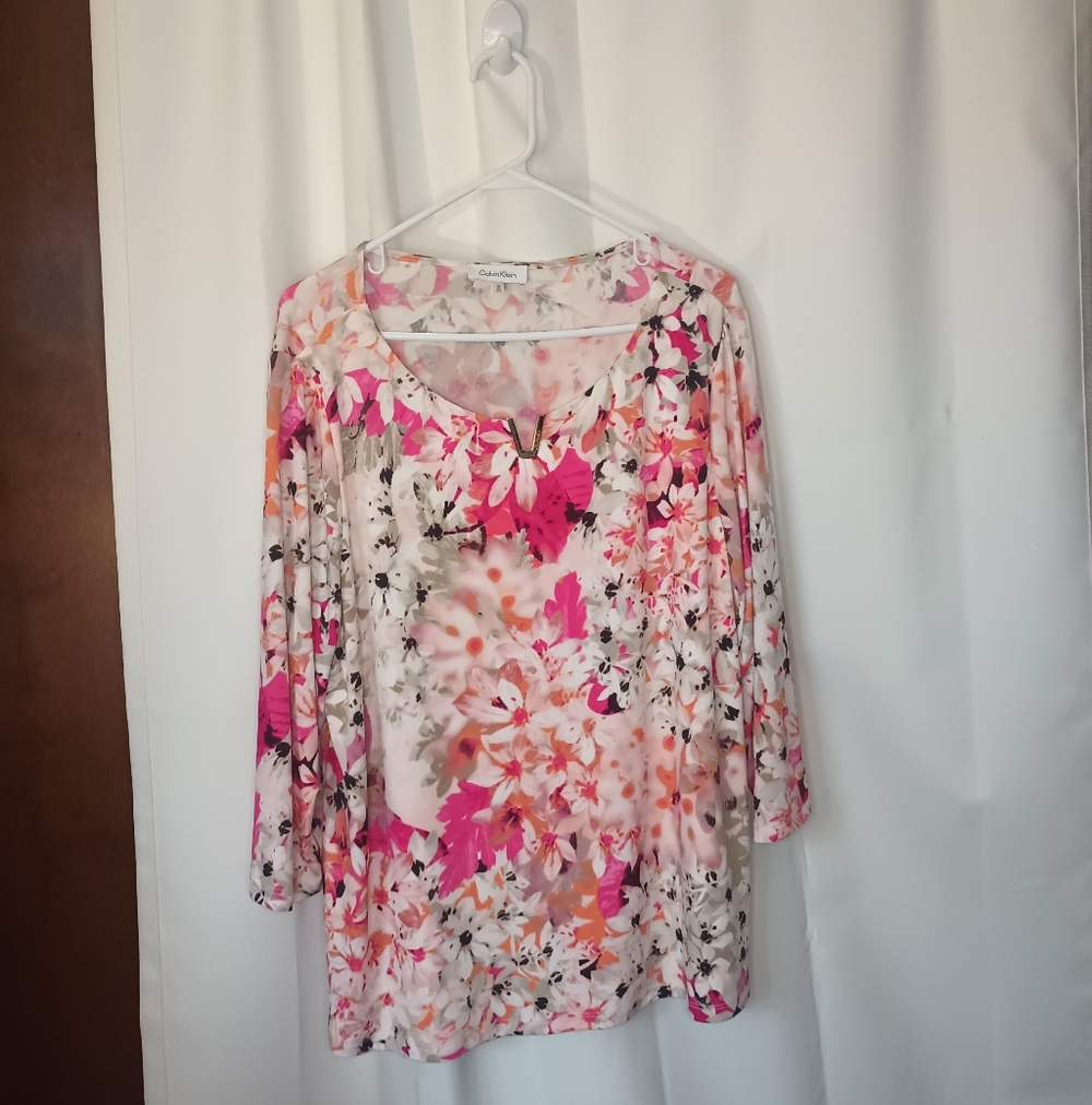 Calvin Klein Womens Bloomcore Slinky Top 2X Pink Floral Stretch Office Spring